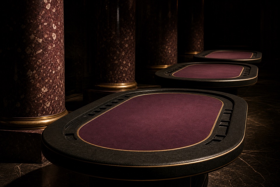 Leere Spieltische mit purpurfarbenem Filz und Goldkante zwischen S&auml;ulen aus rotem Porphyr in einem dunklen Casinosaal